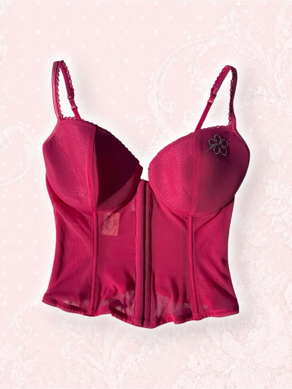 Y2K NWT Women's Hot Pink Longline Bustier Bra with Rhinestone Flower